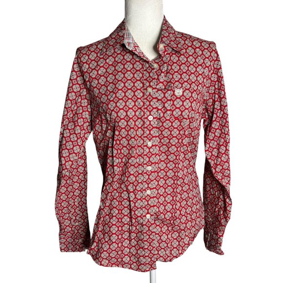 Cinch Button Up Long Sleeve Shirt Medium Red White Geometric Cotton Pocket - Picture 1 of 6